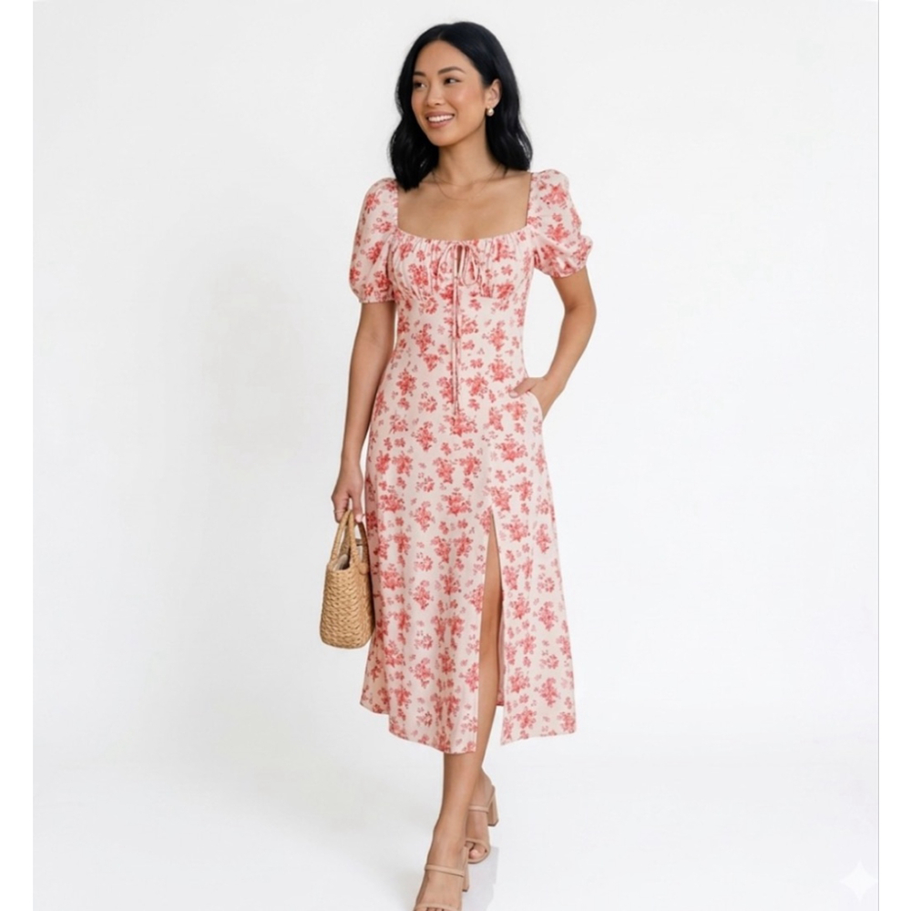 Floral Square-Neck Midi Dress - Pink